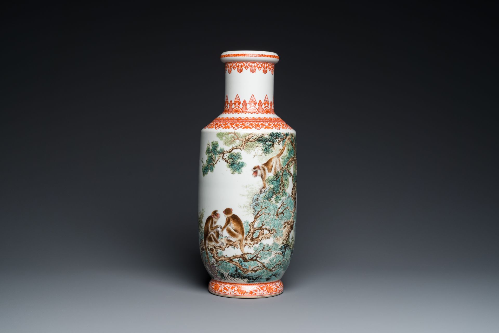 A Chinese rouleau vase with monkeys, signed Bi Yuanming ç•¢æ·µæ˜Ž, dated 1956