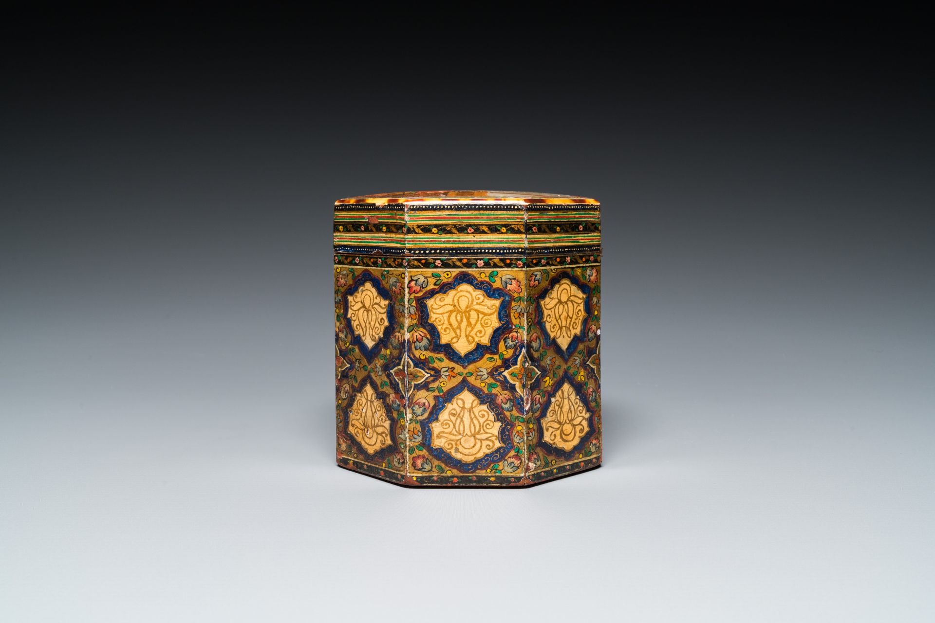 A painted and lacquered wooden Qur'an stand and a box and cover, Qajar, Persia, 19th C. - Image 14 of 16