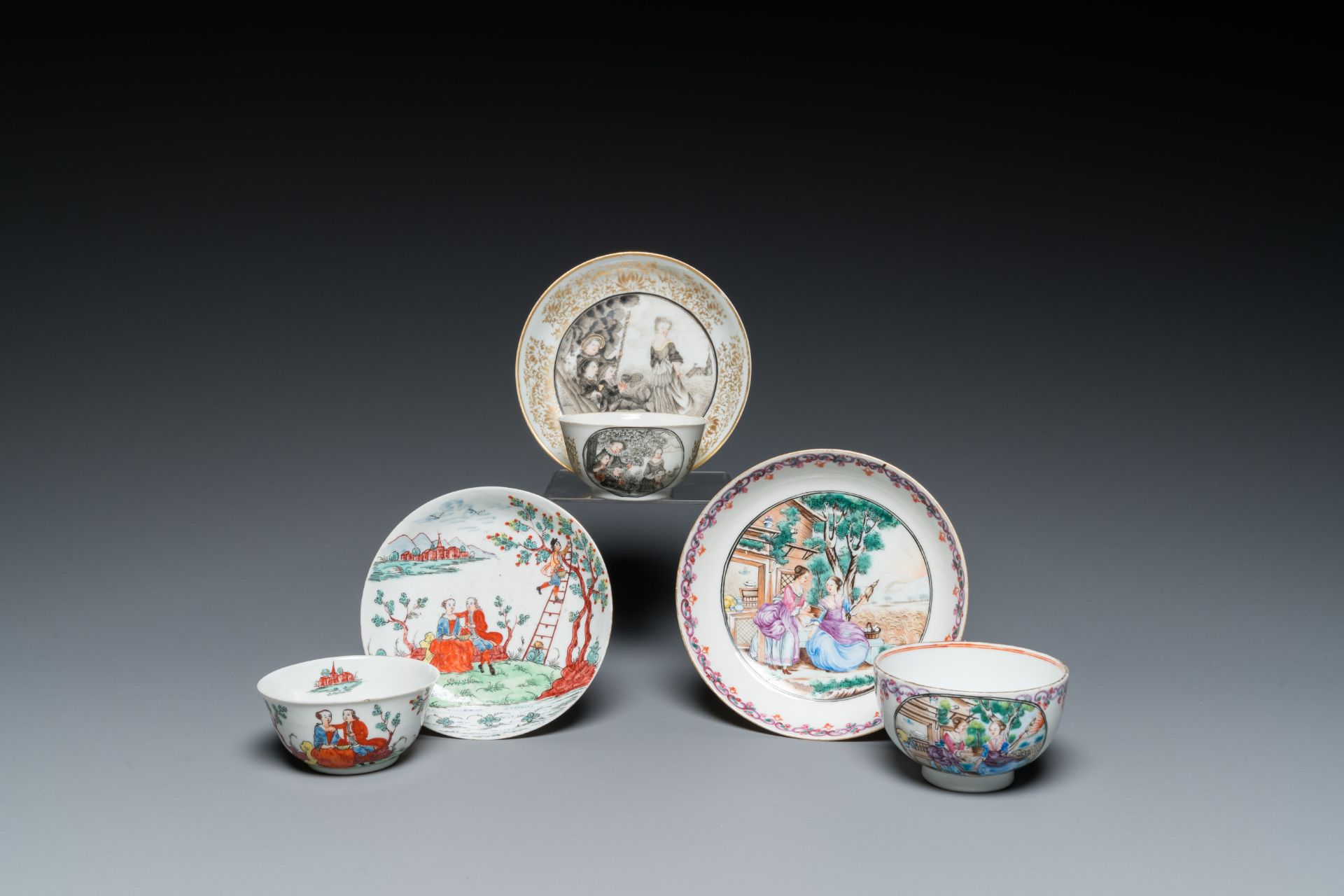 Three Chinese export porcelain cups and saucers, Qianlong