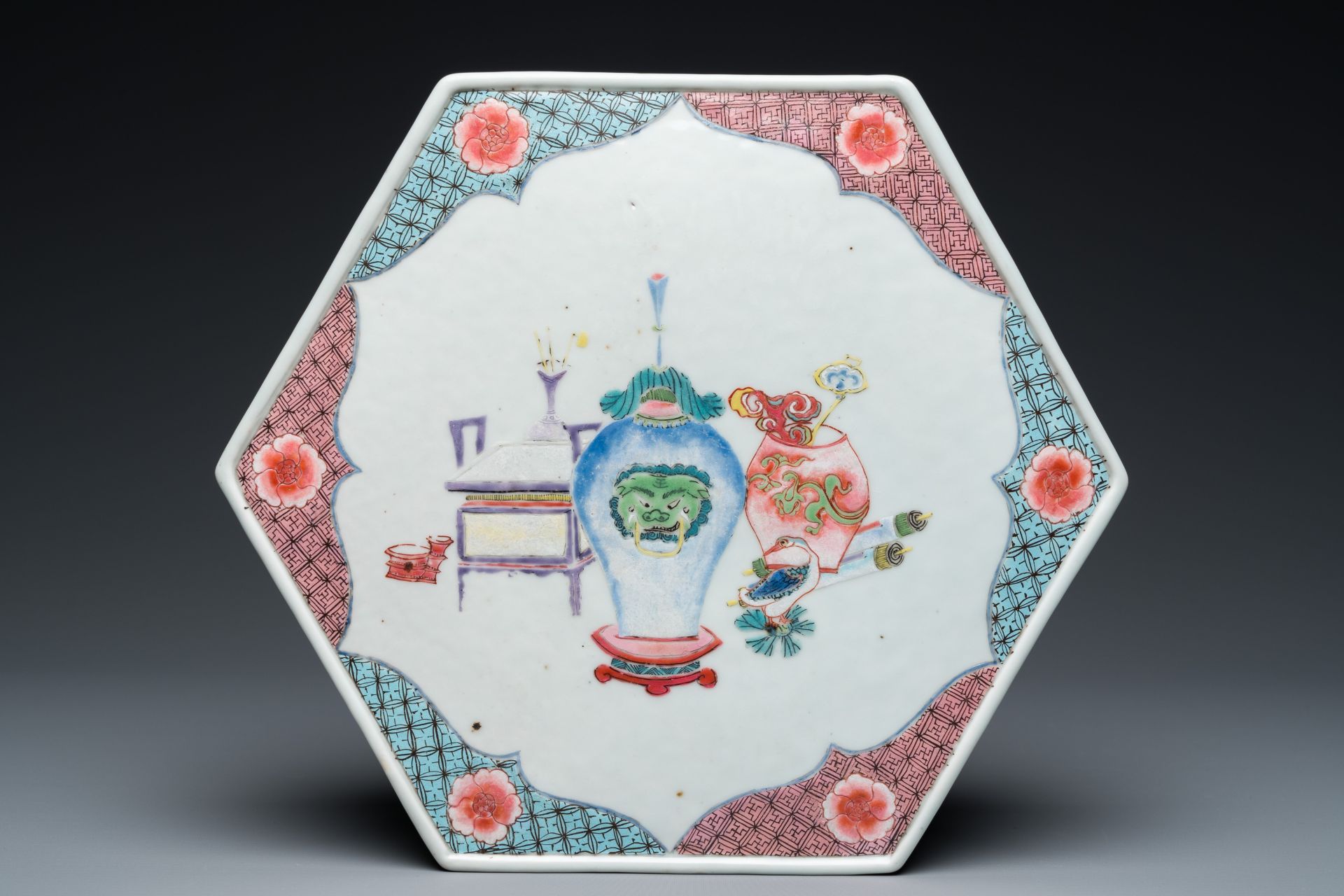A rare Chinese famille rose hexagonal 'antiquities' stand, Yongzheng - Image 9 of 9