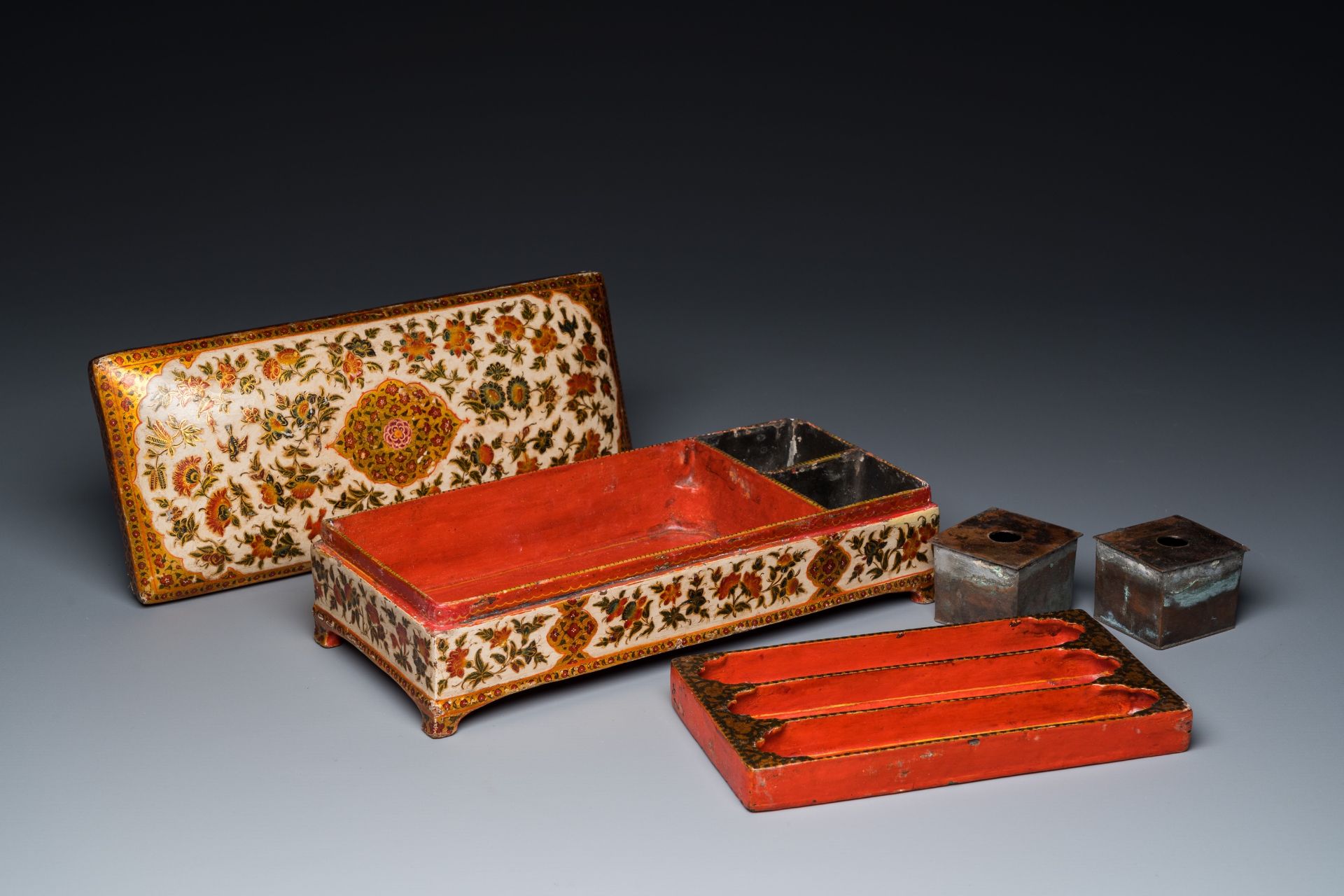 A rectangular lacquered wood writing box, Kashmir, India, 19th C. - Image 3 of 11