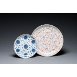 A Chinese famille rose '100 bats' dish and a blue and white 'lotus' plate, Guangxu mark and of the p