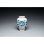 A blue and white English Delftware drug jar, probably London, 18th C.