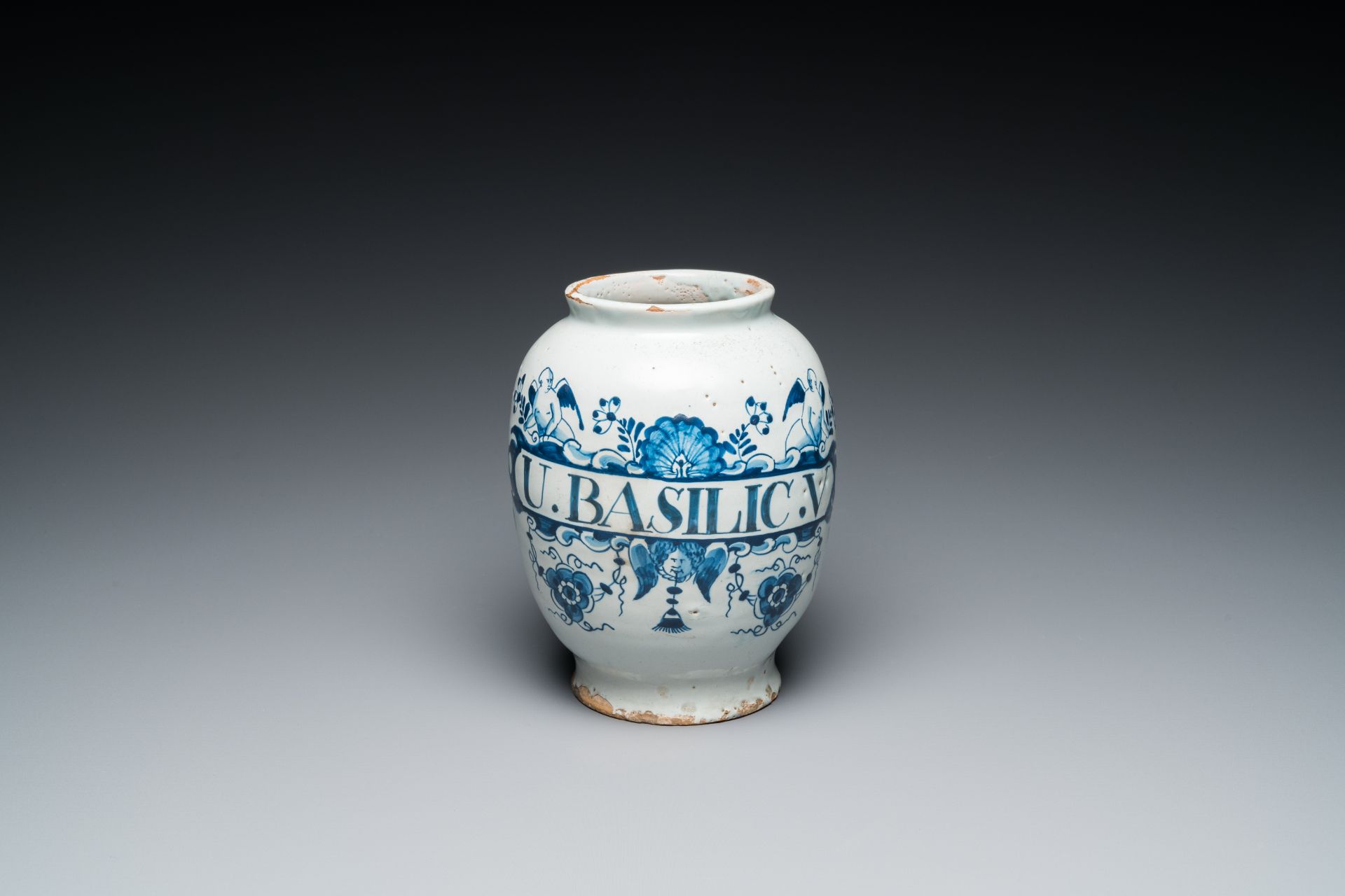 A blue and white English Delftware drug jar, probably London, 18th C.