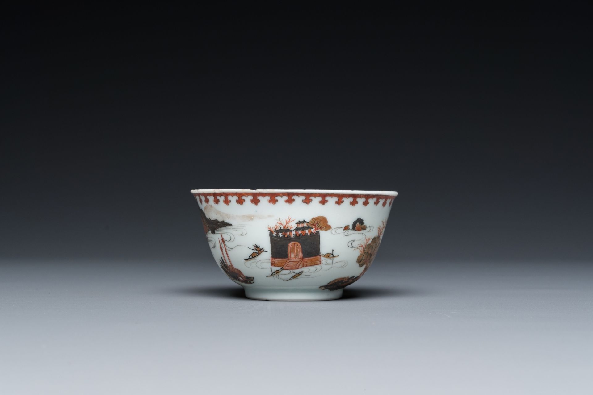 A rare Chinese famille rose 'harbour view' cup and saucer, Yongzheng - Image 6 of 9