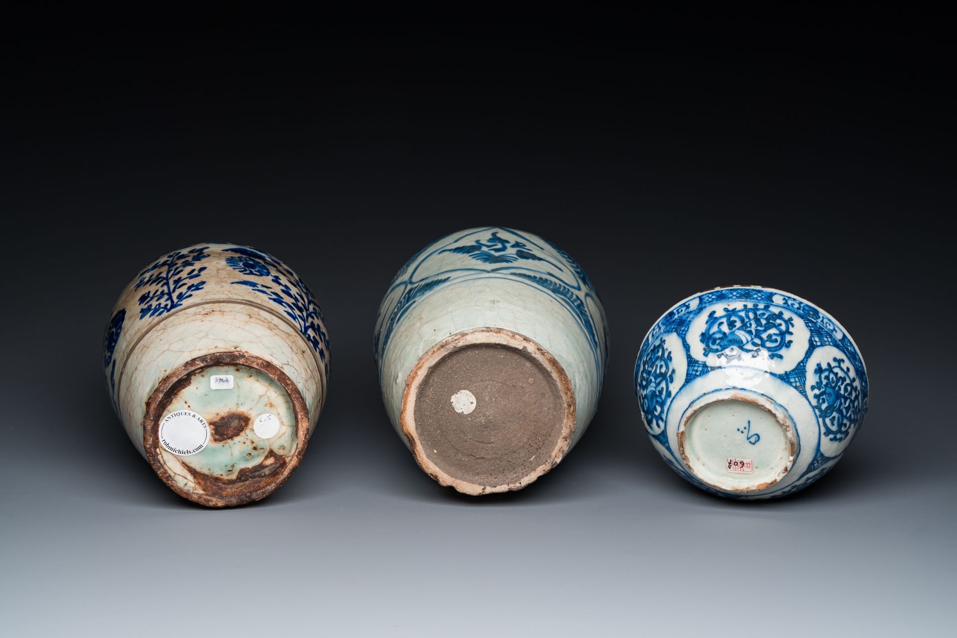 Two blue and white Islamic pottery storage jars and a bowl, Persia, 17/19th C. - Image 7 of 7