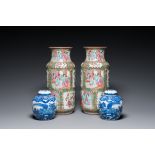 A pair of Chinese Canton famille rose vases and a pair of blue and white covered jars, 19th C.