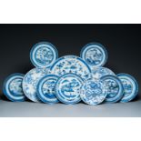 A Chinese blue and white dish and ten plates, 19th C.