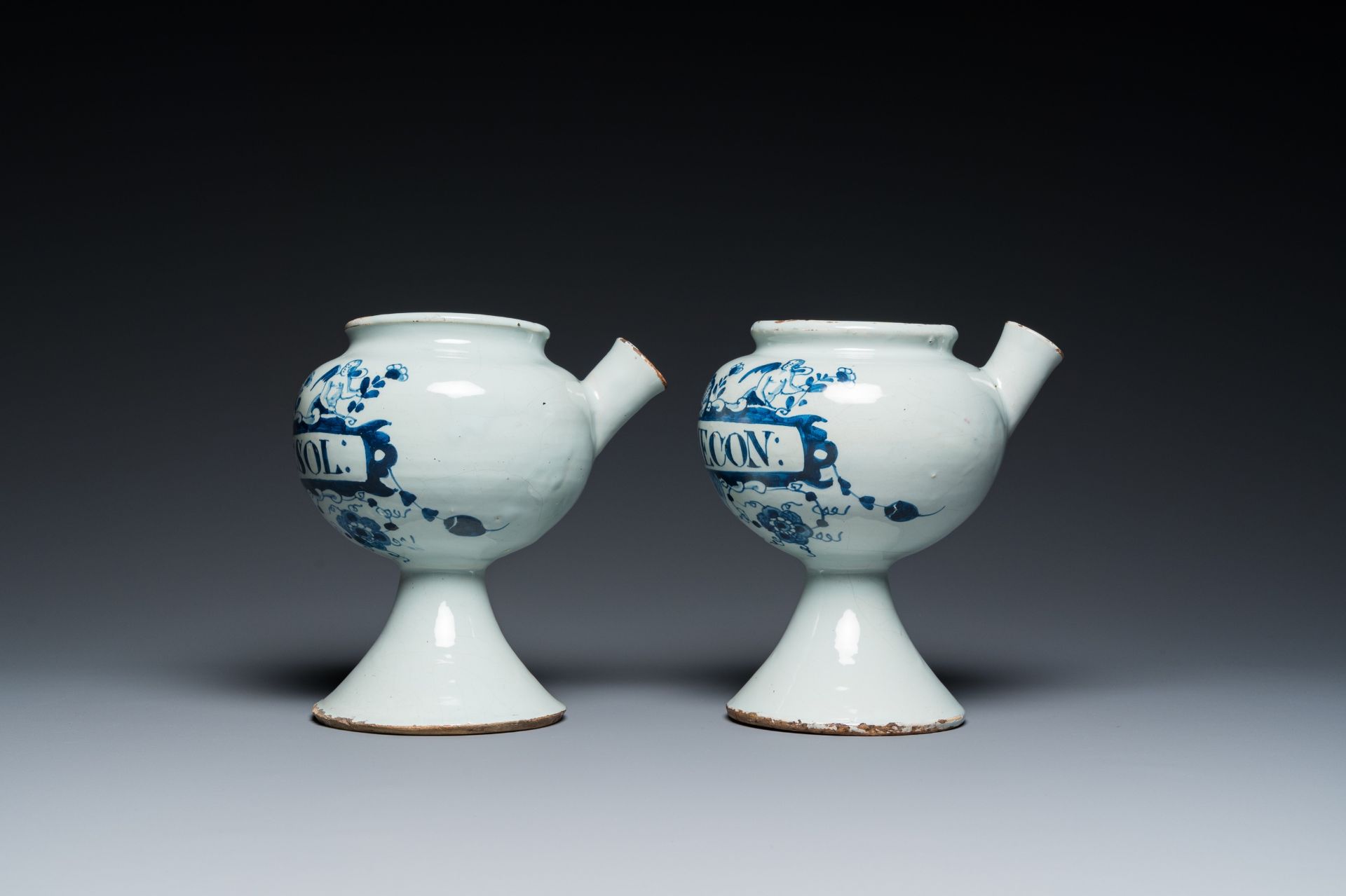 A pair of blue and white English Delftware wet drug jars, probably London, early 18th C. - Image 2 of 7