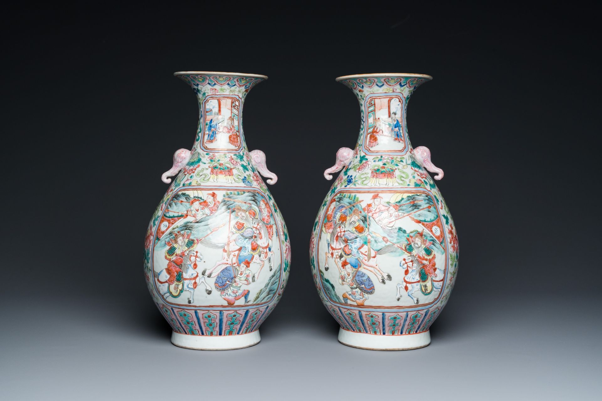 A pair of Chinese famille rose vases with elephant handles, 19th C. - Image 3 of 6