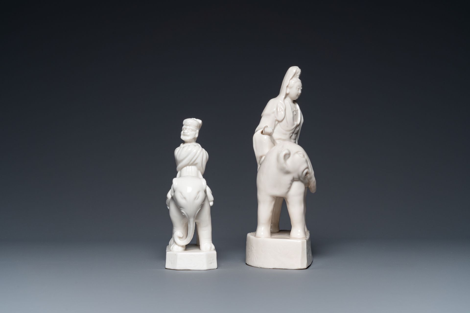 Two Chinese Dehua blanc de Chine sculptures of Guanyin and a Sogdian merchant on an elephant, Kangxi - Image 5 of 7