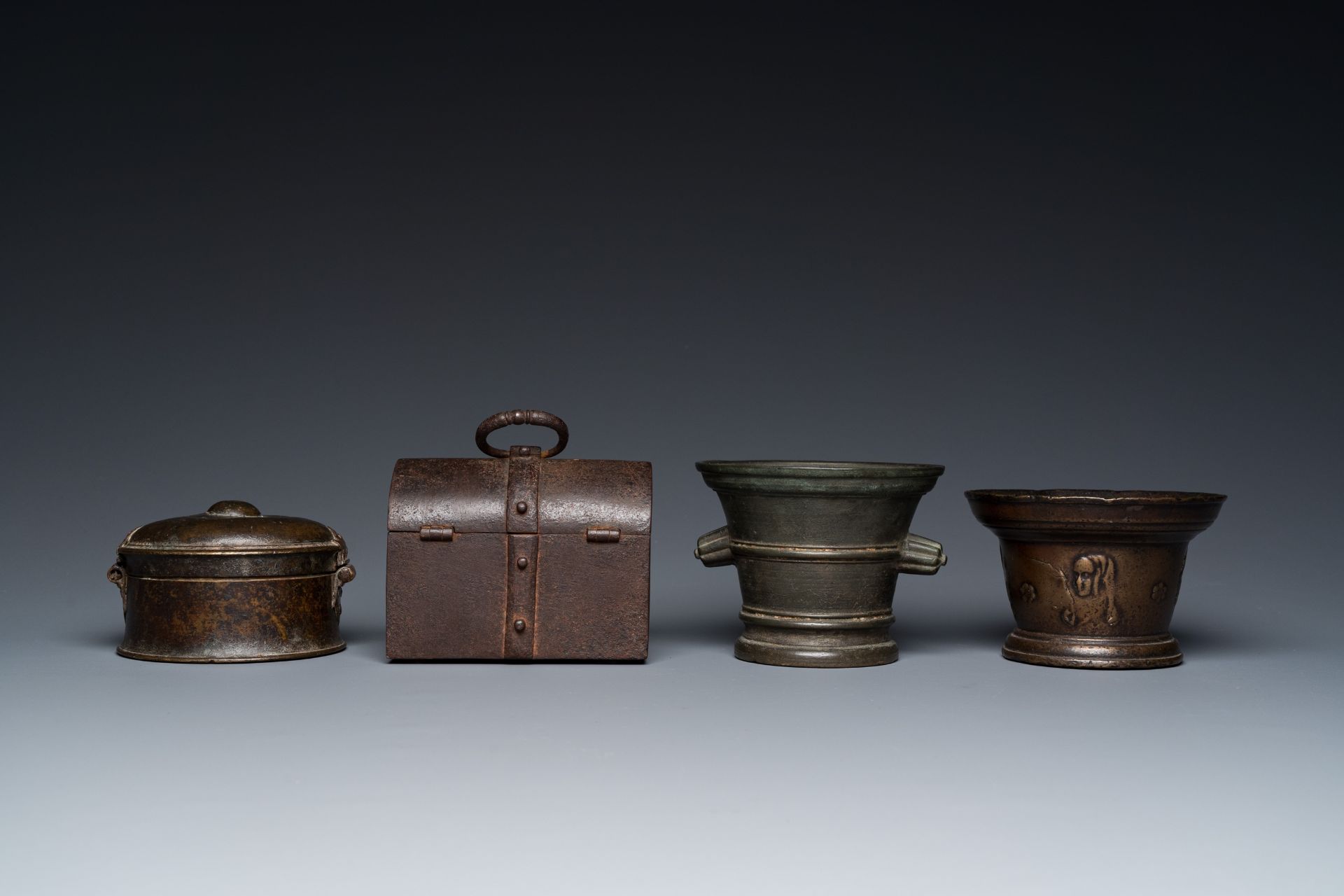 Two bronze mortars, a round lidded box and an iron casket, Western Europe, 16/17th C. - Image 4 of 9