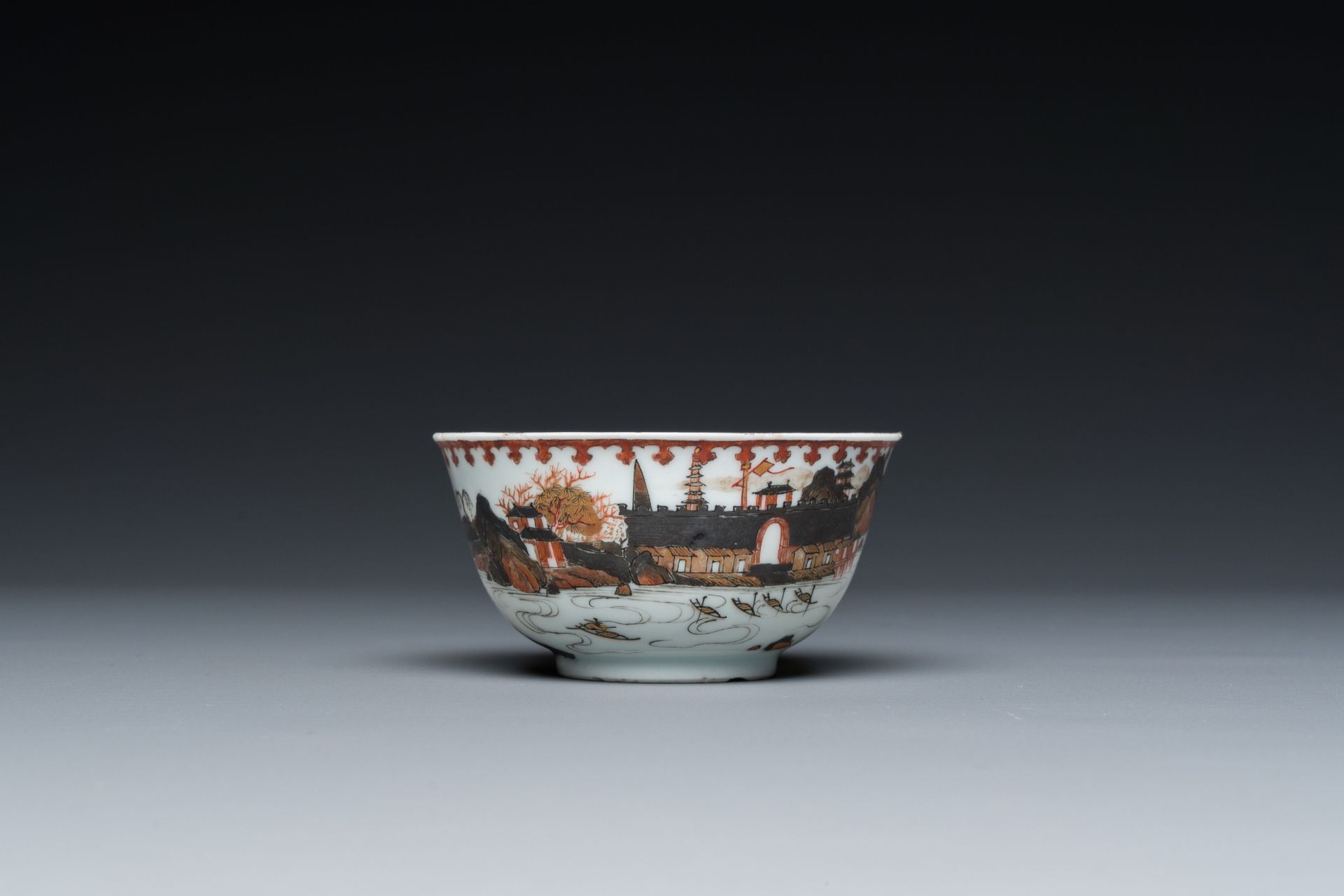 A rare Chinese famille rose 'harbour view' cup and saucer, Yongzheng - Image 4 of 9