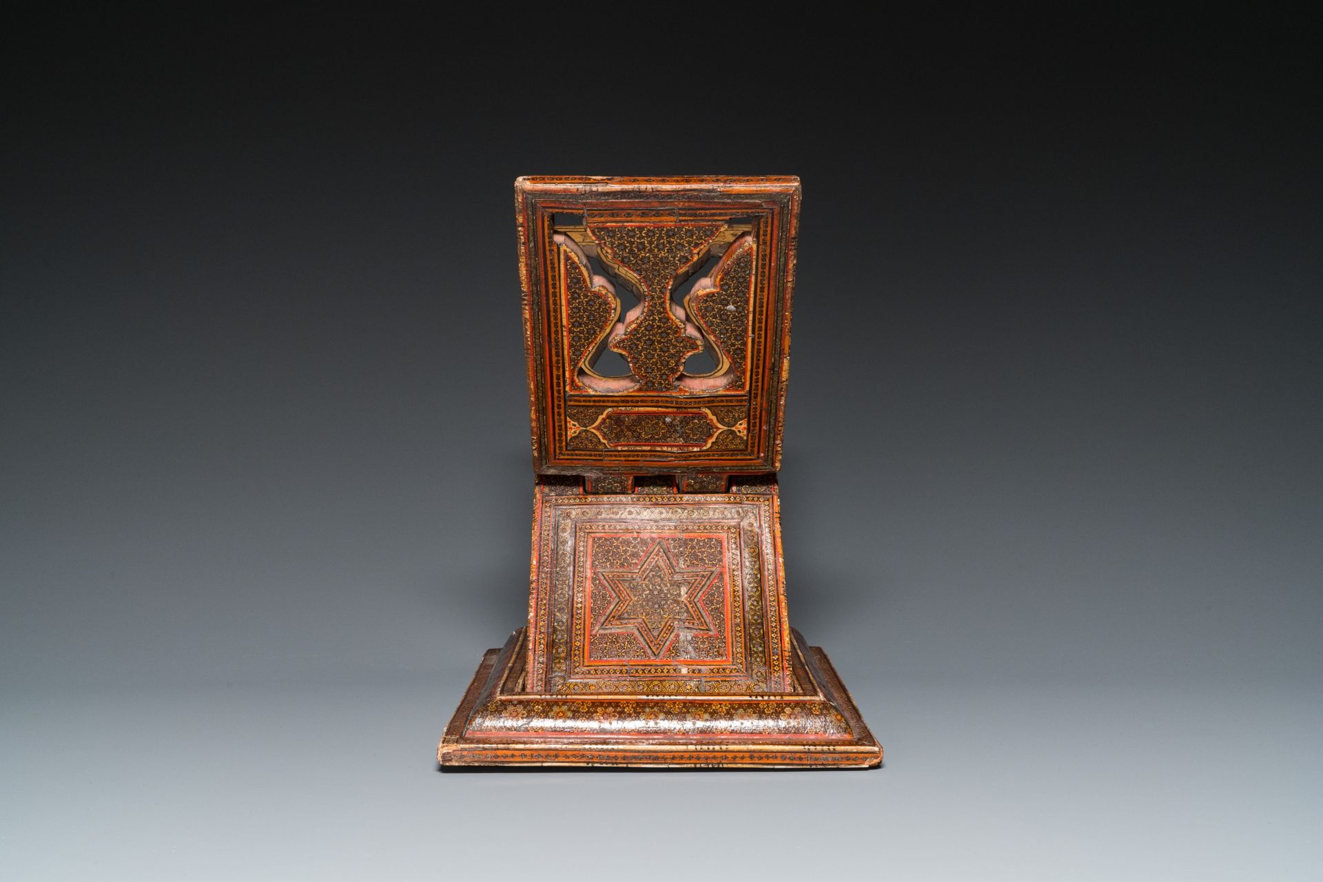 A painted and lacquered wooden Qur'an stand and a box and cover, Qajar, Persia, 19th C. - Image 3 of 16