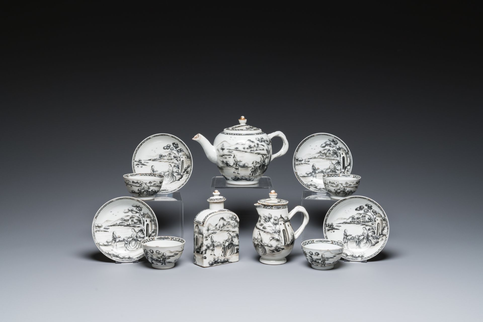 A Chinese grisaille 11-piece tea service with a European lady with a child, Qianlong