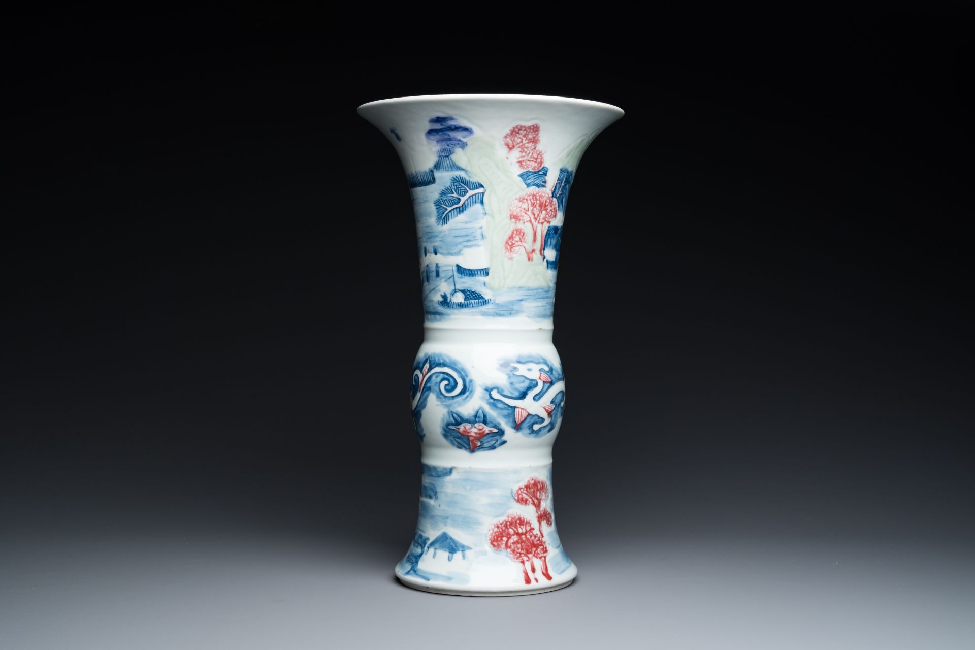 A Chinese blue, white, celadon and copper-red 'yenyen' vase, Kangxi mark, Qing - Image 2 of 6