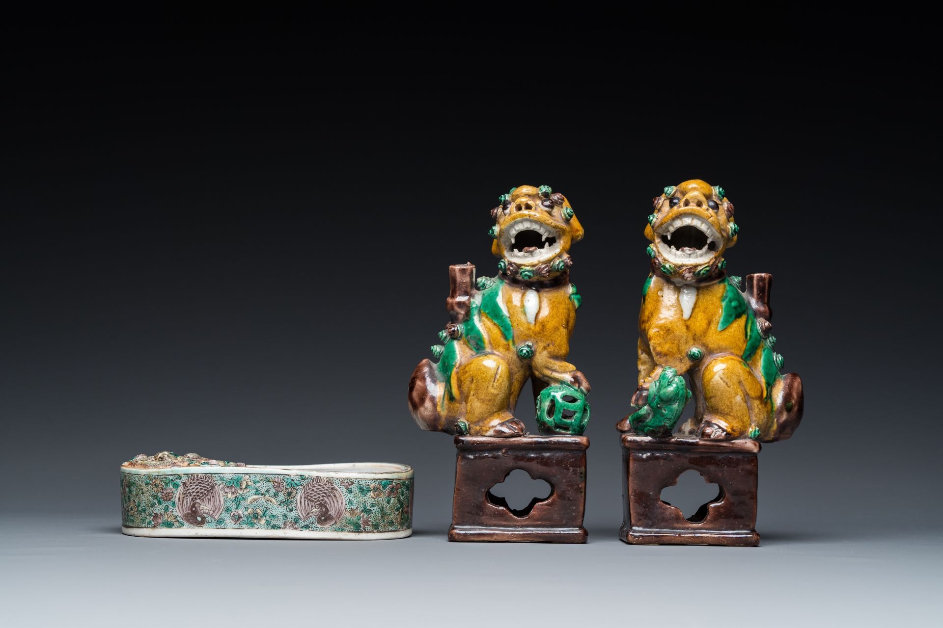 A pair of Chinese sancai incense stick holders and a verte biscuit inkstone, Kangxi or later - Image 2 of 7