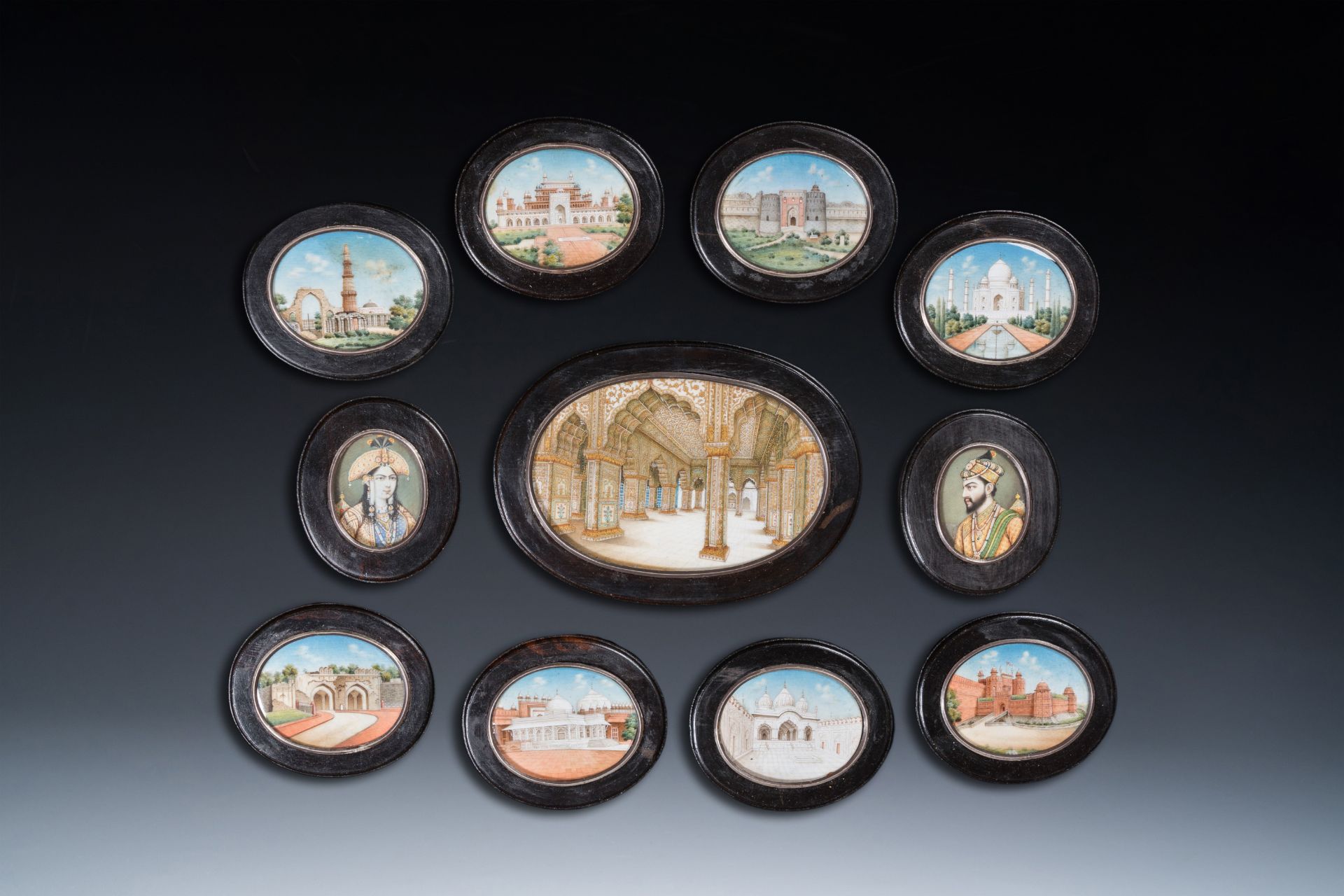 Indian school: Eleven Taj Mahal miniatures including the portraits of Shah Jaha and his wife Mumtaz