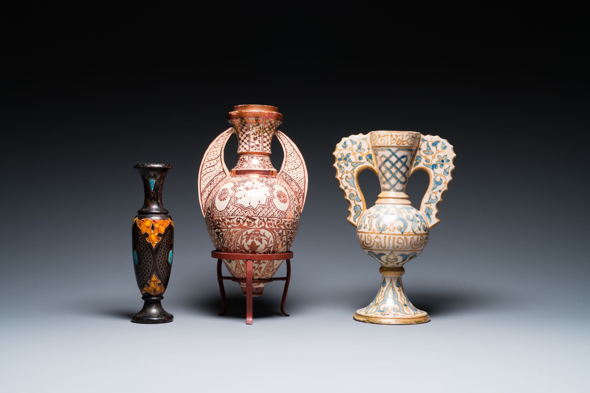 Two Hispano-Moresque lustre-glazed 'Alhambra' vases and a stone-inlaid wooden vase, Spain and Northe - Image 3 of 6