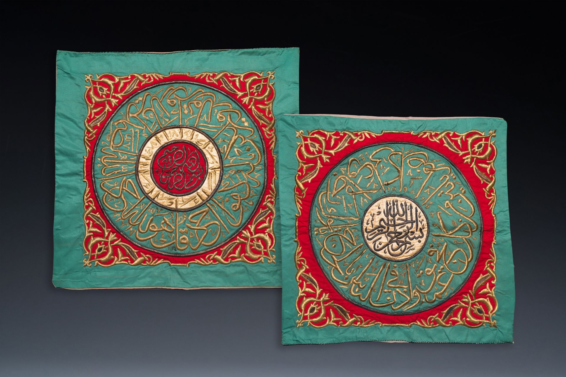 A pair of Ottoman silver and gilt-thread-embroidered silk 'Samadiya' cloths for the Kaaba, 20th C.