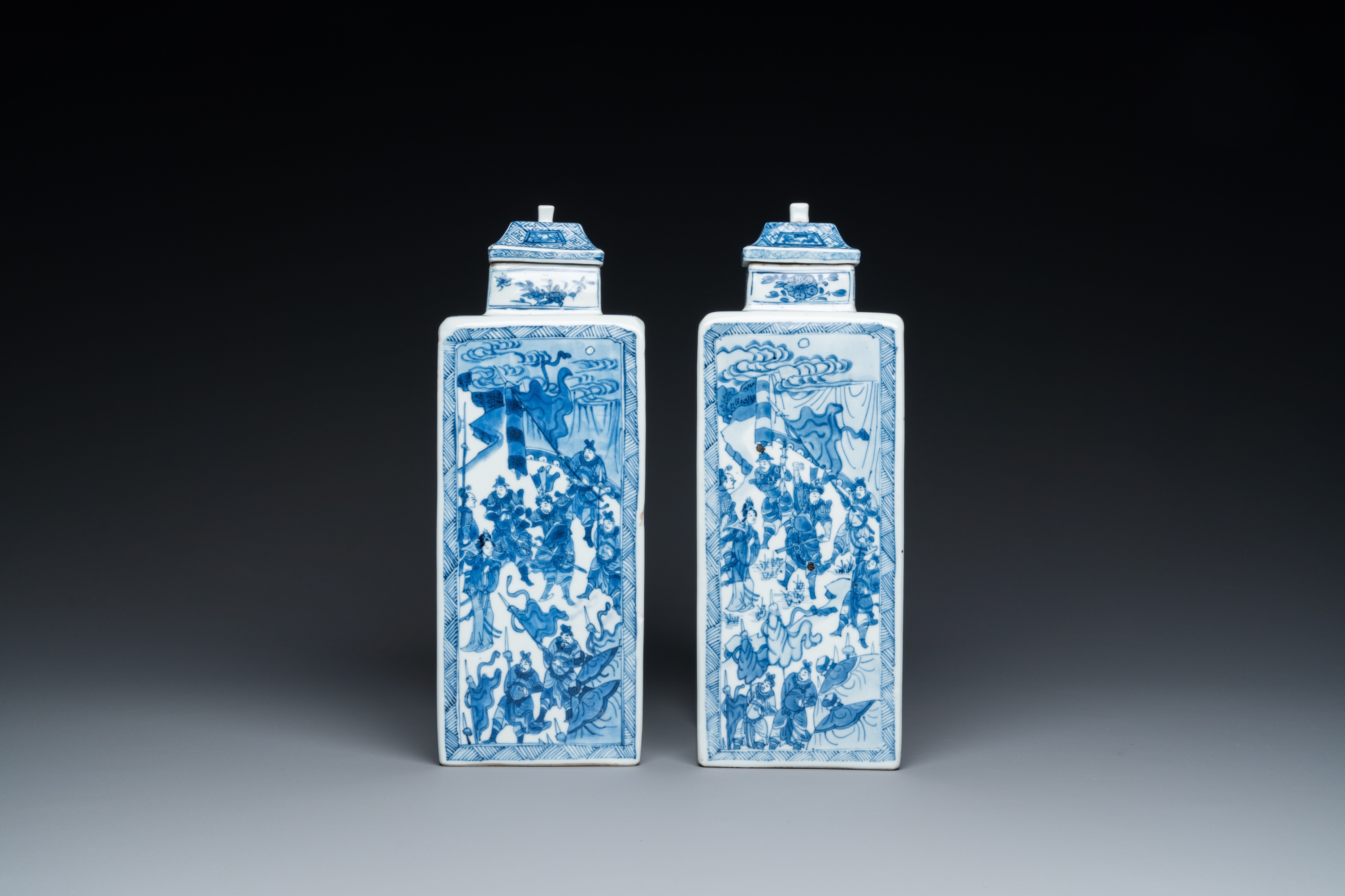 A pair of Chinese blue and white square 'narrative subject' vases and covers, Kangxi - Image 3 of 8