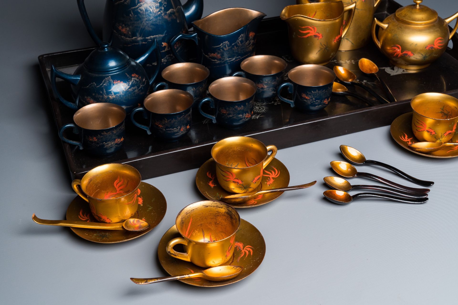 Two Chinese Fuzhou or Foochow lacquer coffee services, Republic - Image 9 of 10