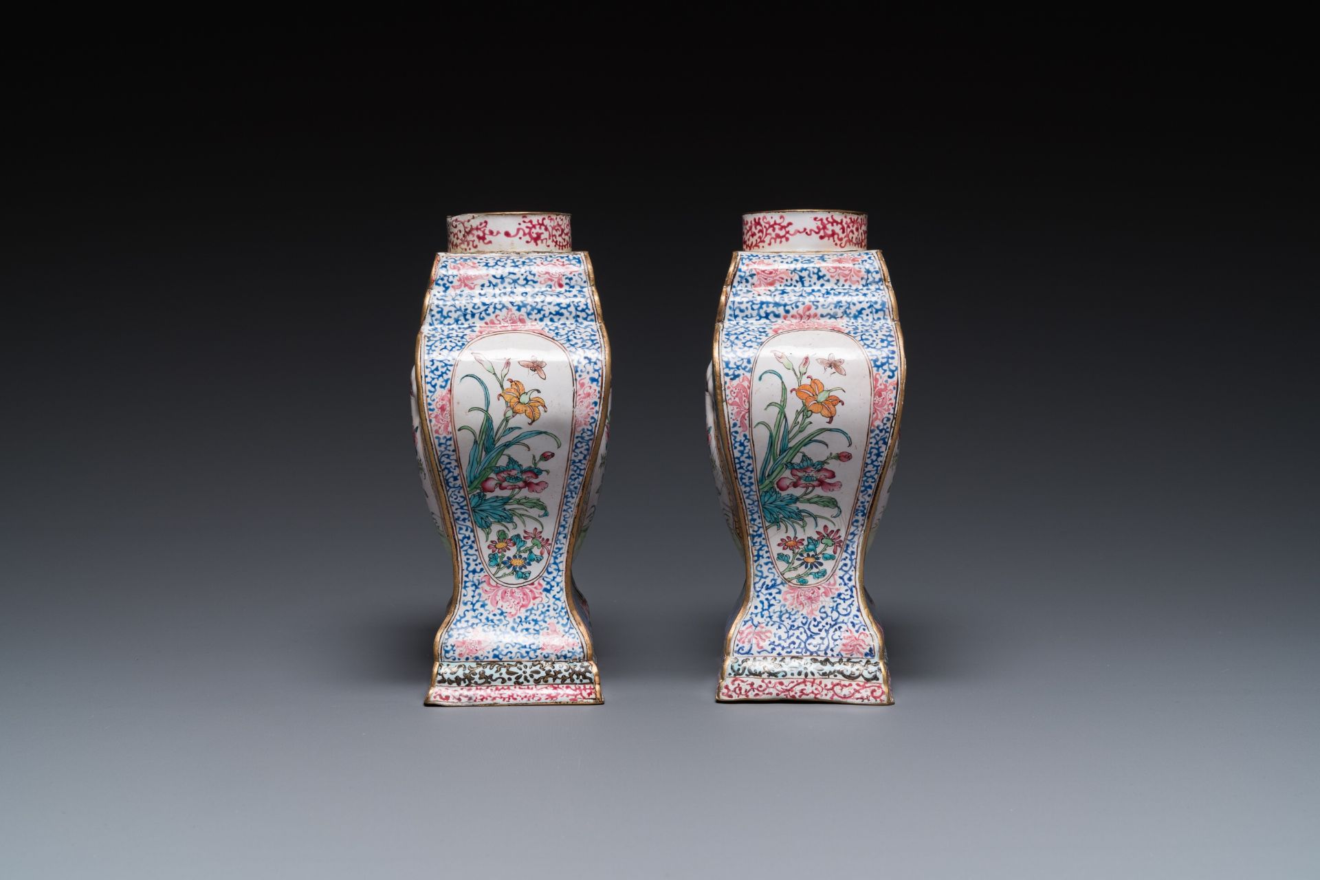 A pair of rare Chinese Canton enamel 'double eagle' vases, Yongzheng - Image 5 of 7