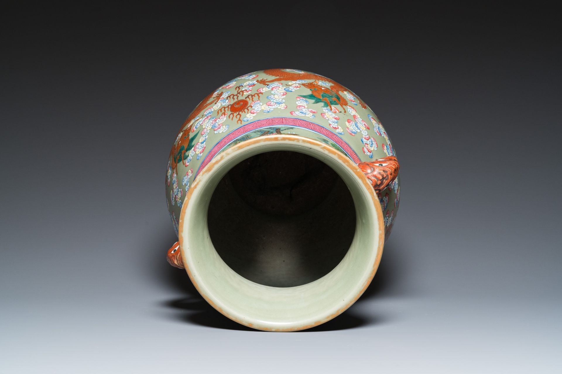 A large Chinese celadon-ground famille rose 'hu' vase with dragons, 19th C. - Image 5 of 6