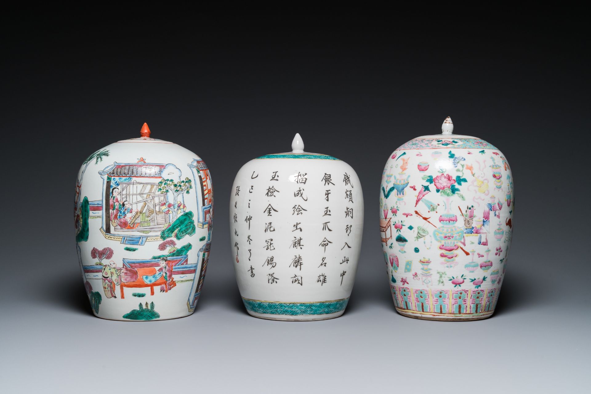 Three Chinese famille rose and verte jars with covers, 19/20th C. - Image 4 of 7