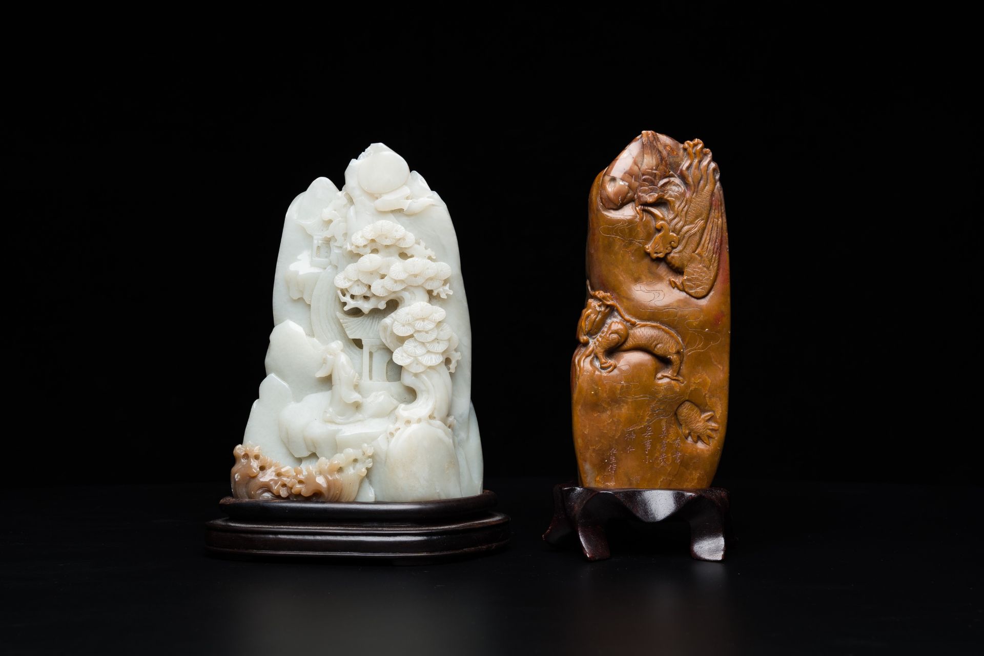 A Chinese brown jade inscribed seal stamp and a white jade 'mountainous landscape' carving, 19/20th - Image 2 of 10