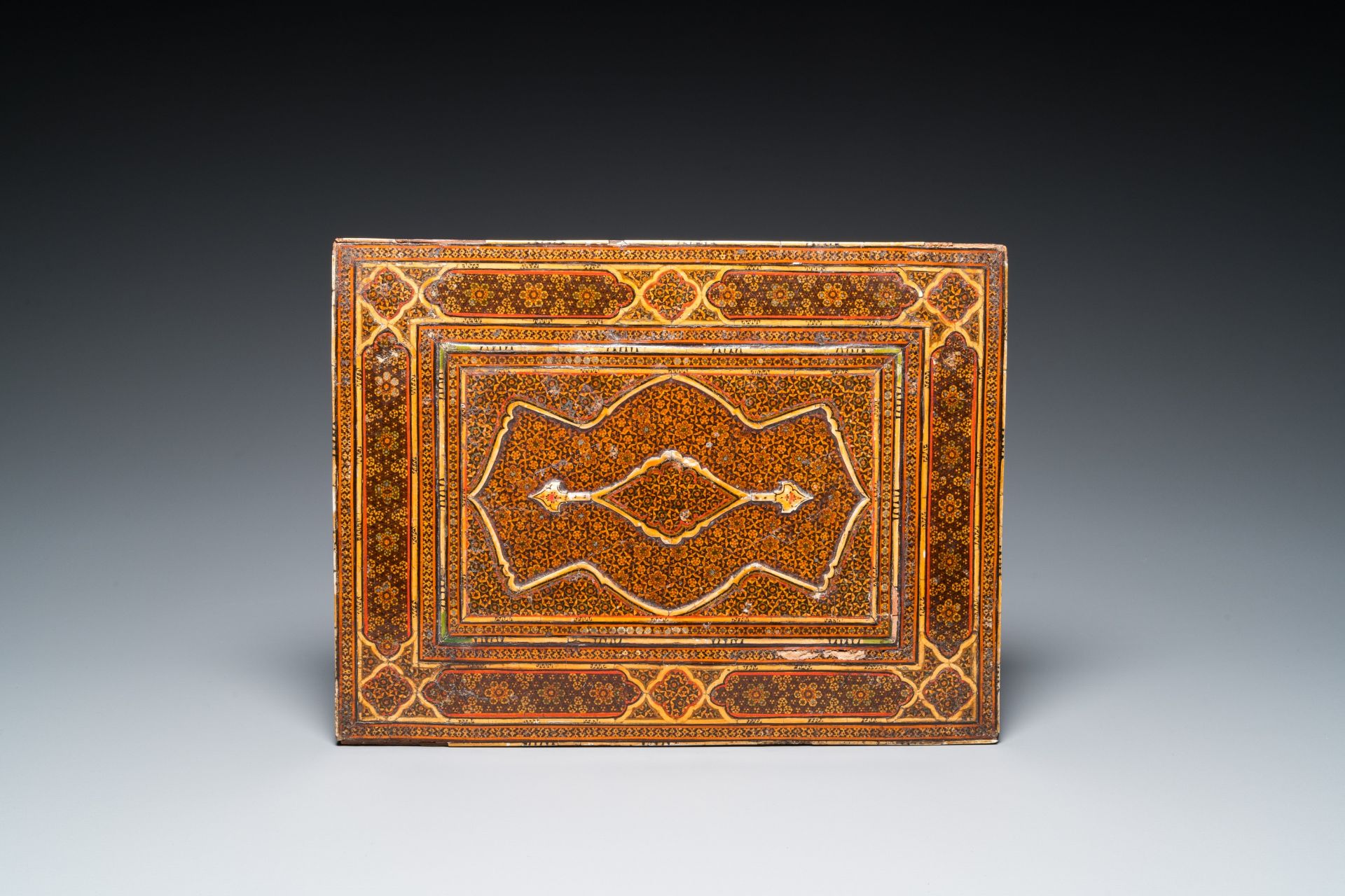 A painted and lacquered wooden Qur'an stand and a box and cover, Qajar, Persia, 19th C. - Image 10 of 16