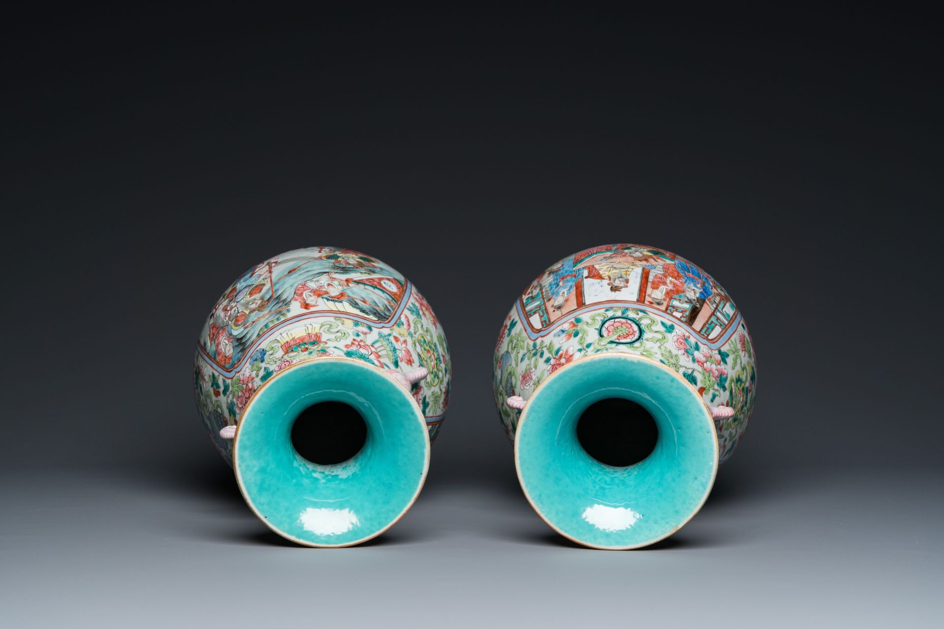 A pair of Chinese famille rose vases with elephant handles, 19th C. - Image 5 of 6