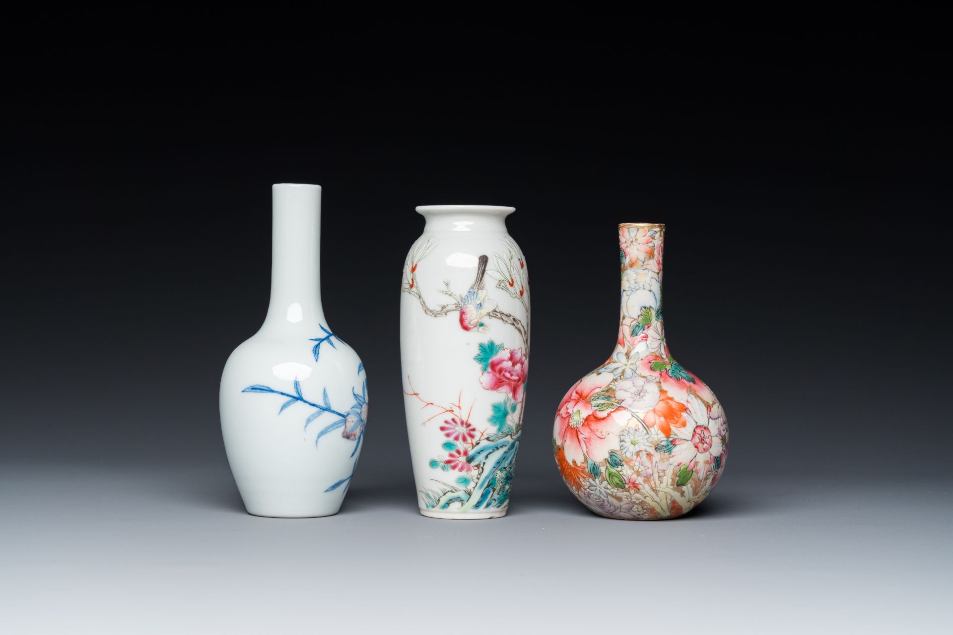 Three Chinese famille rose and blue, white and copper-red vases, 19/20th C. - Image 5 of 7