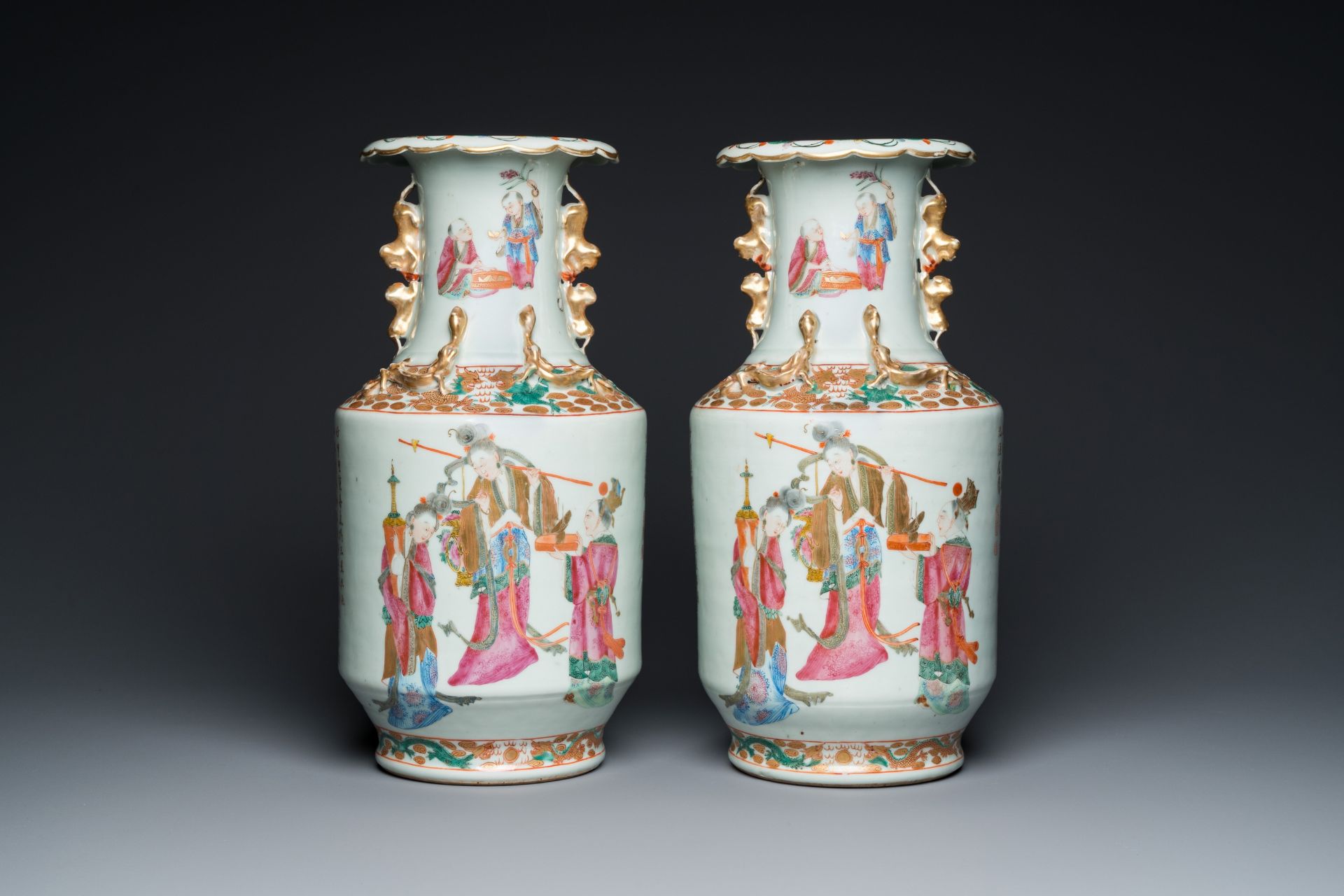 A pair of Chinese Canton famille rose 'immortals' vases, 19th C. - Image 3 of 6