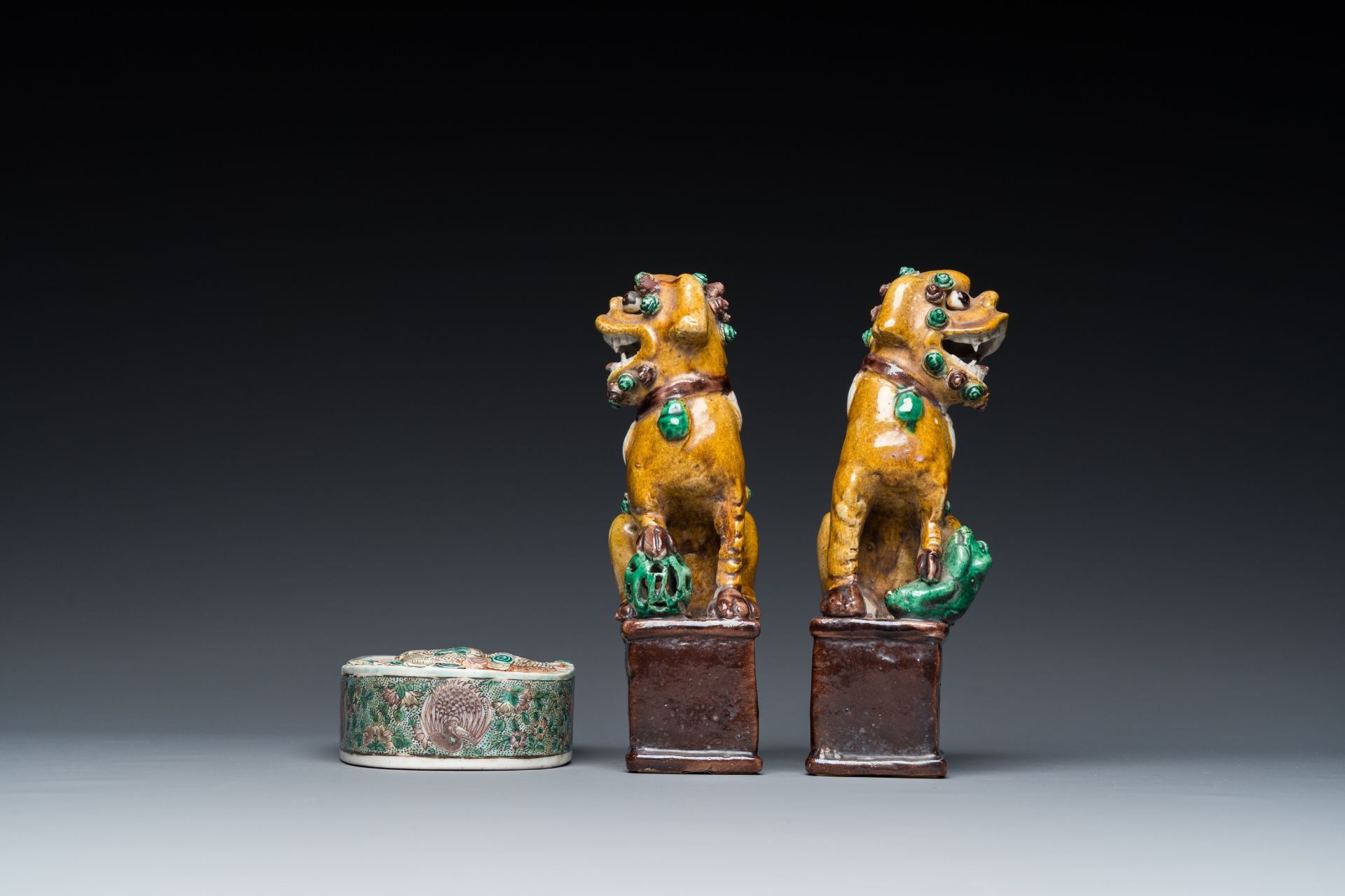 A pair of Chinese sancai incense stick holders and a verte biscuit inkstone, Kangxi or later - Image 4 of 7