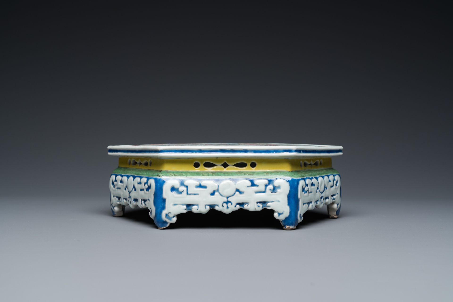 A rare Chinese famille rose hexagonal 'antiquities' stand, Yongzheng - Image 5 of 9