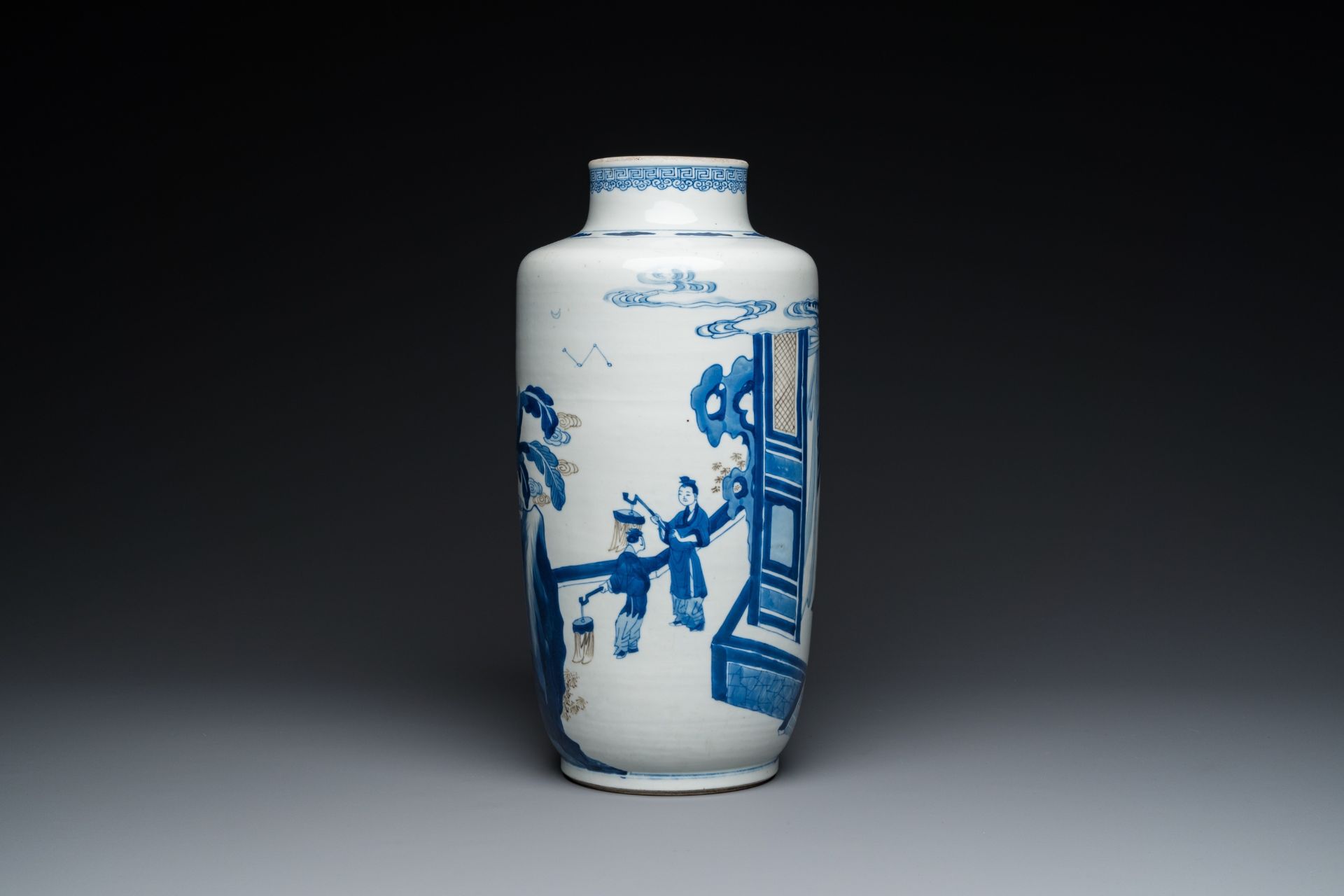 A Chinese blue, white and copper-red 'narrative subject' rouleau vase, Kangxi - Image 5 of 7