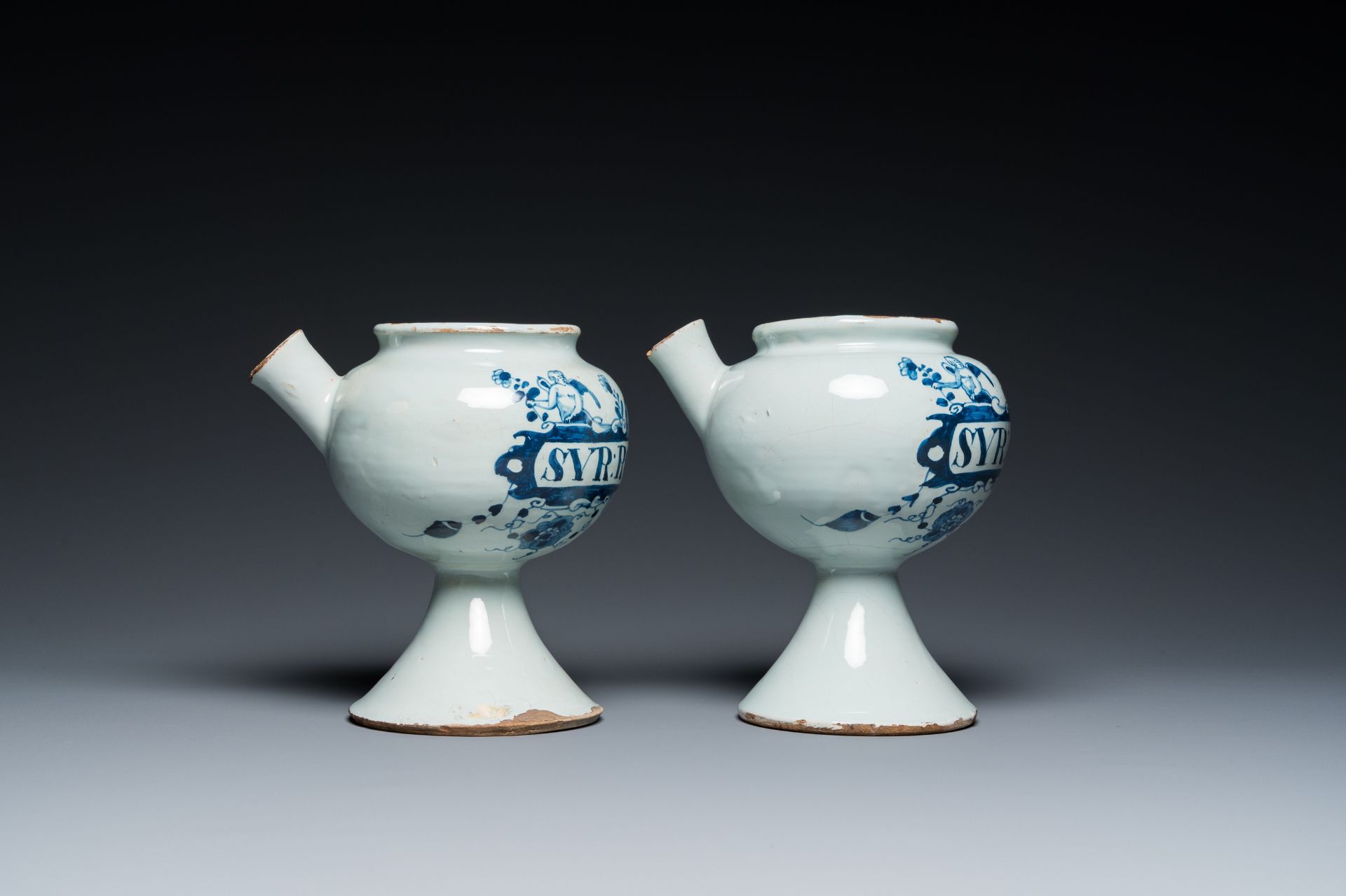 A pair of blue and white English Delftware wet drug jars, probably London, early 18th C. - Image 4 of 7