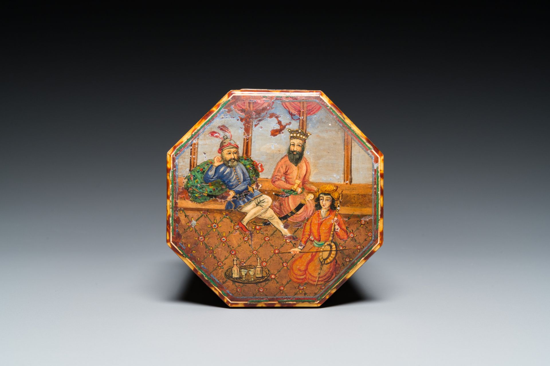 A painted and lacquered wooden Qur'an stand and a box and cover, Qajar, Persia, 19th C. - Image 15 of 16