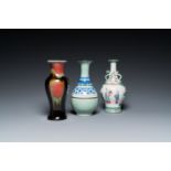 A Chinese famille rose, a flambe-glazed and a blue and white celadon-ground vase, 19/20th C.