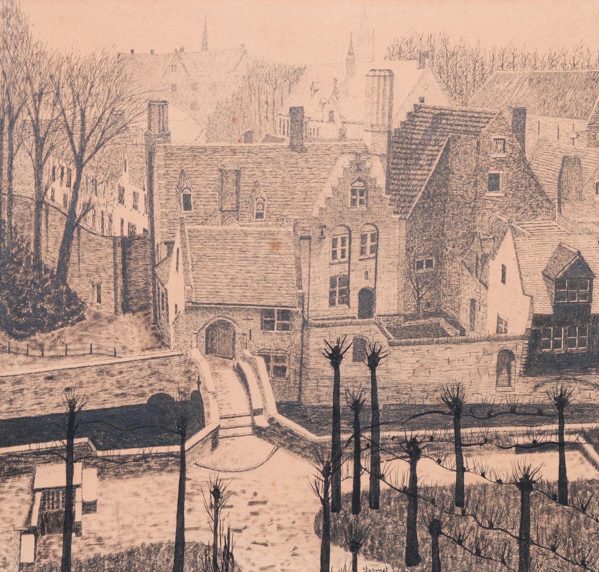 Leon De Smet (1881-1966): 'View on the Boniface bridge in Bruges', ink and pencil on paper