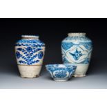 Two blue and white Islamic pottery storage jars and a bowl, Persia, 17/19th C.