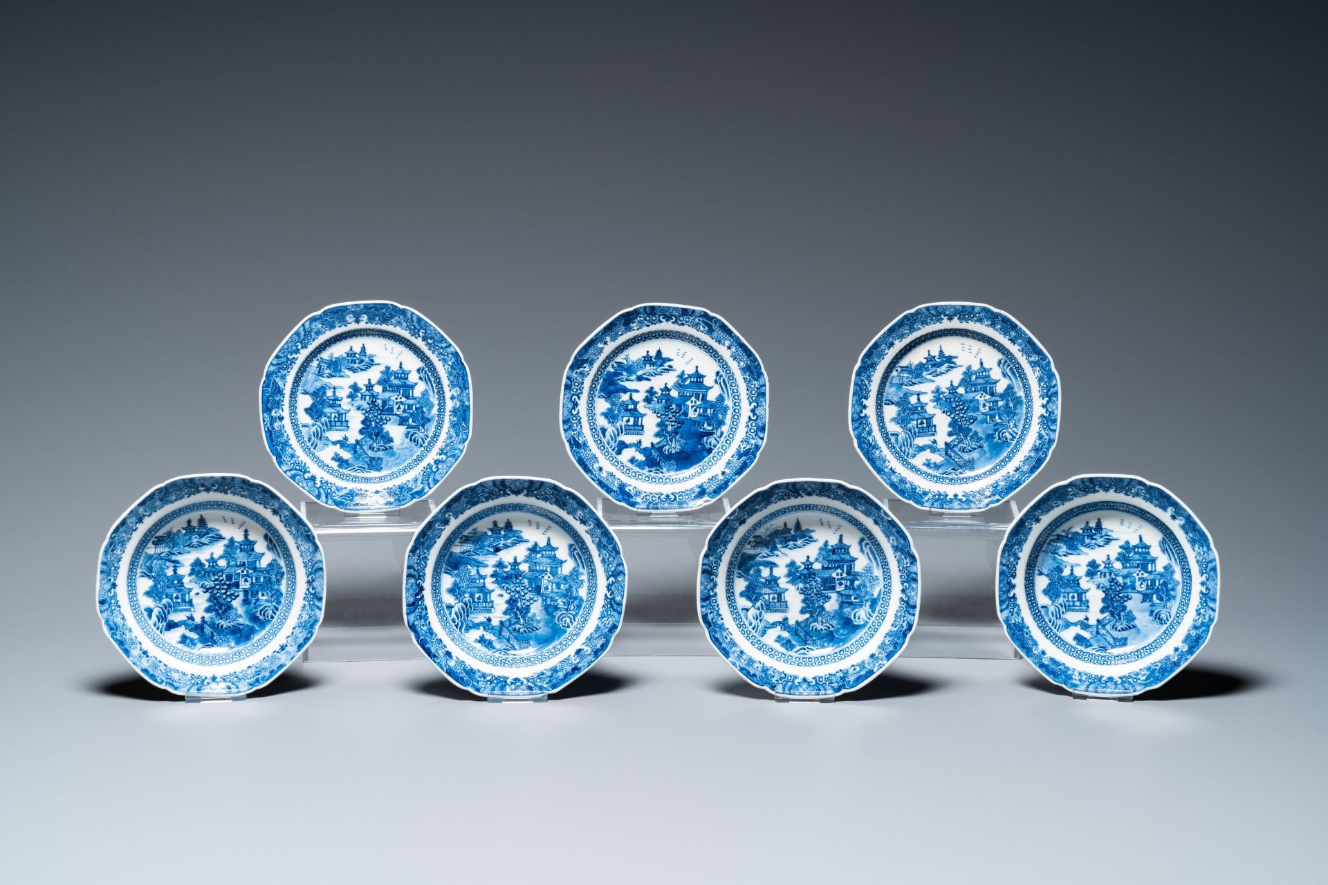 A Chinese blue and white 53-piece service, Qianlong - Image 16 of 19