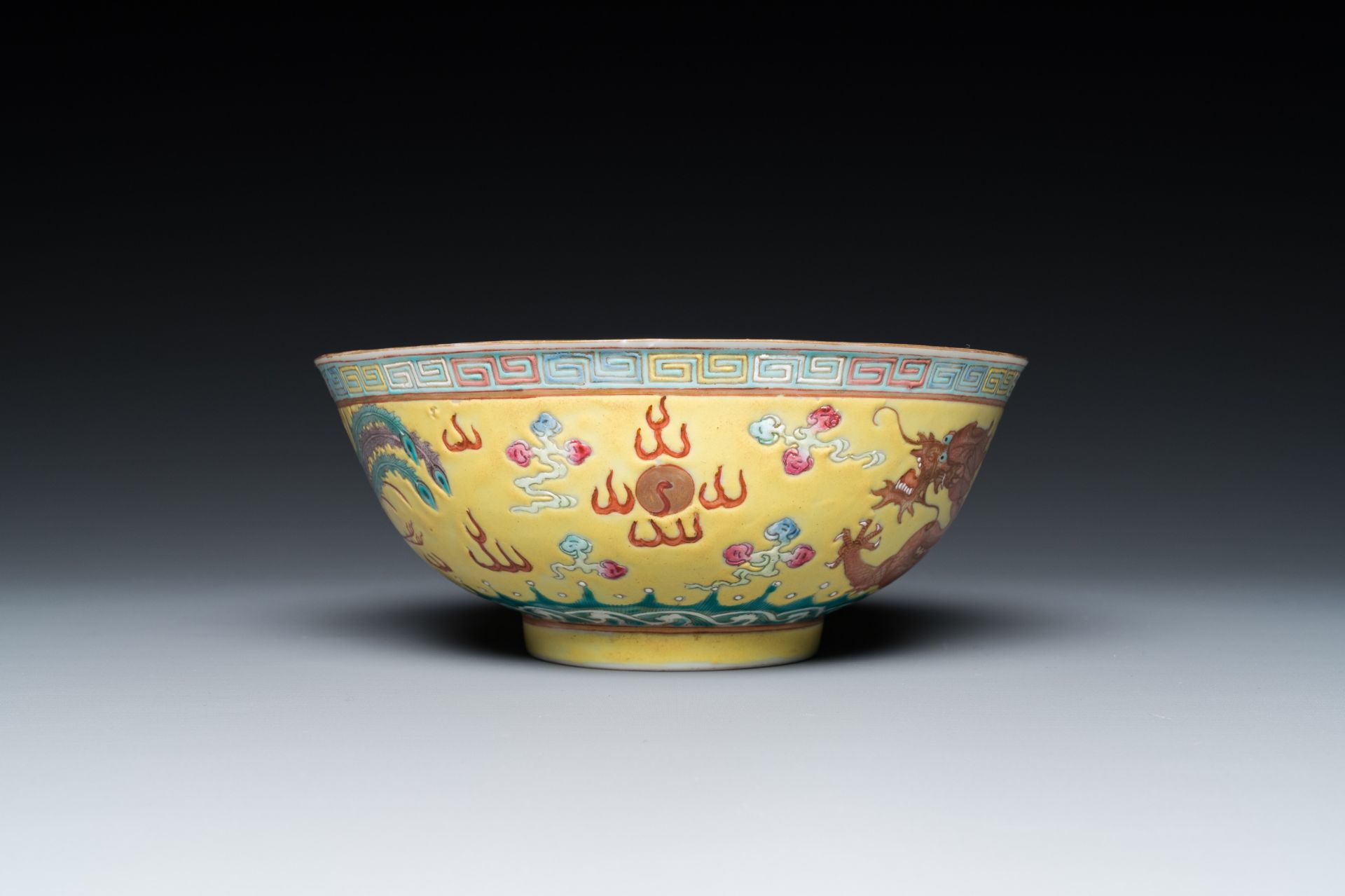 A Chinese yellow-ground famille rose 'dragon and phoenix' bowl, Guangxu mark and of the period - Image 3 of 7