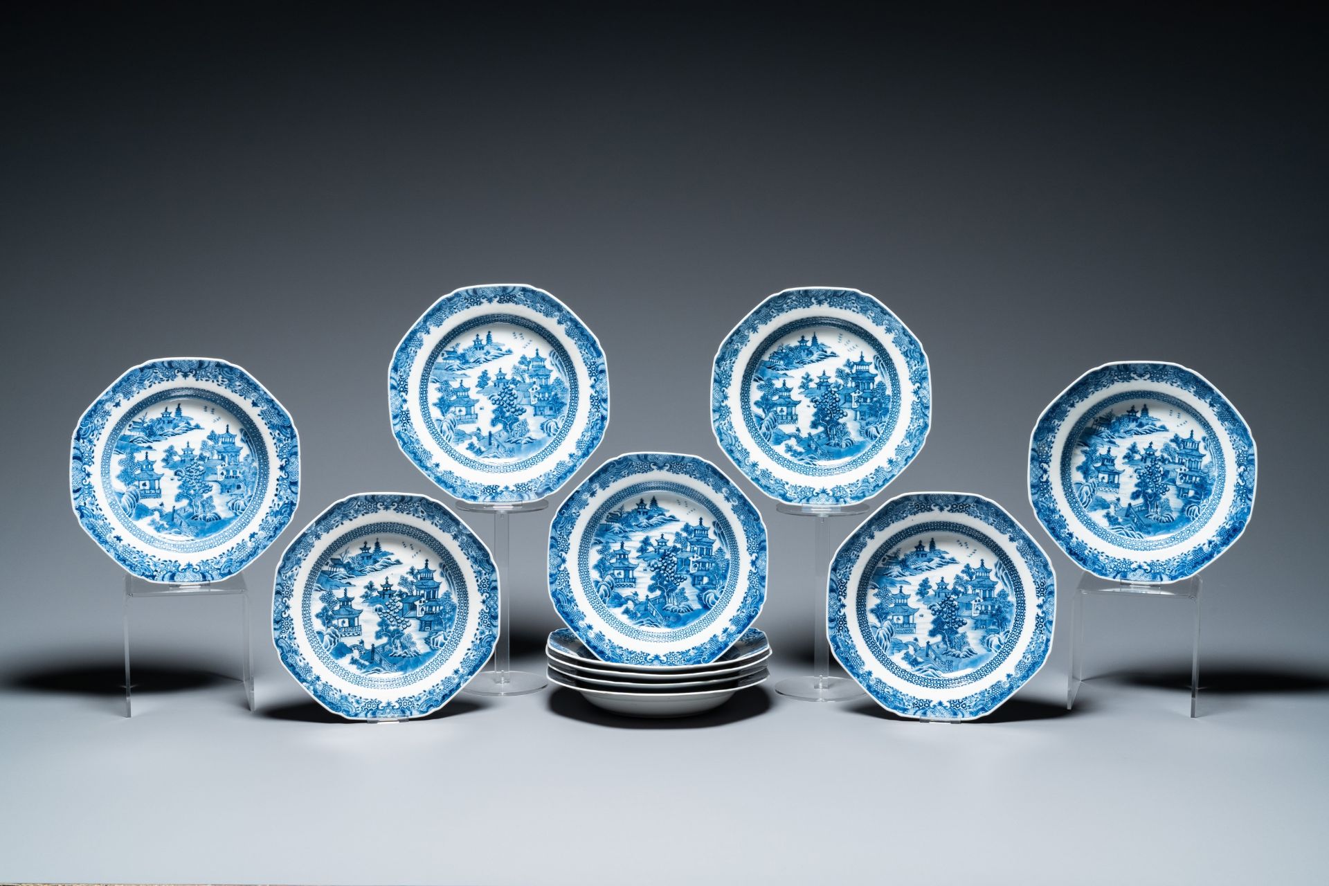 A Chinese blue and white 53-piece service, Qianlong - Image 12 of 19