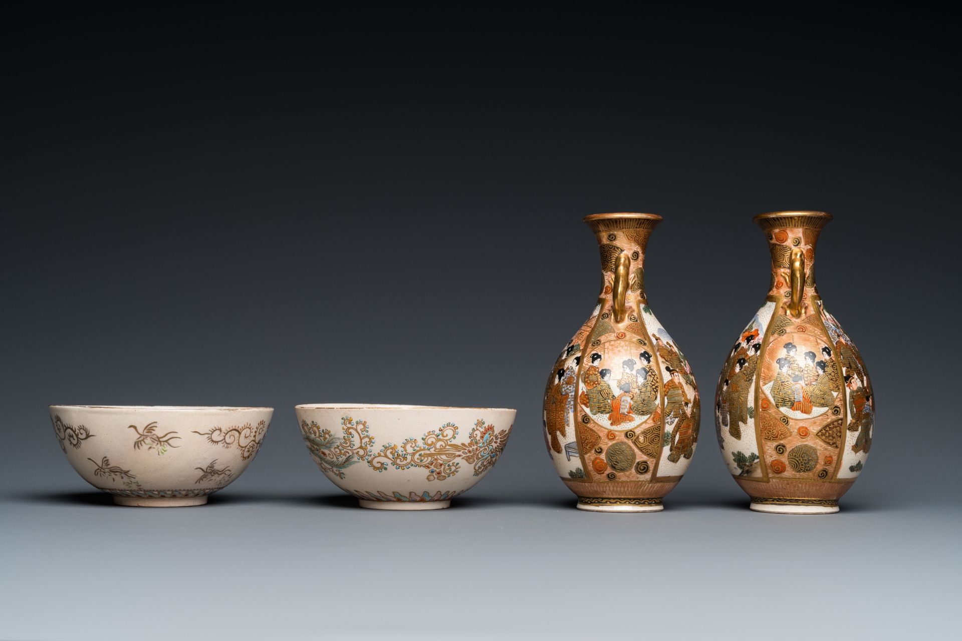 A pair of Japanese Satsuma bowls and a pair of vases, Meiji, 19th C. - Image 3 of 7