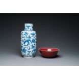 A Chinese blue and white 'Buddhist lions' vase and a 'langyao' bowl, 19/20th C.