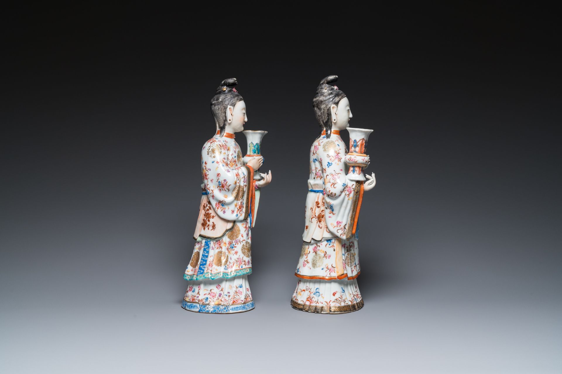 A pair of large Chinese famille rose candle holders in the shape of Mandarin court ladies, Qianlong - Image 3 of 7