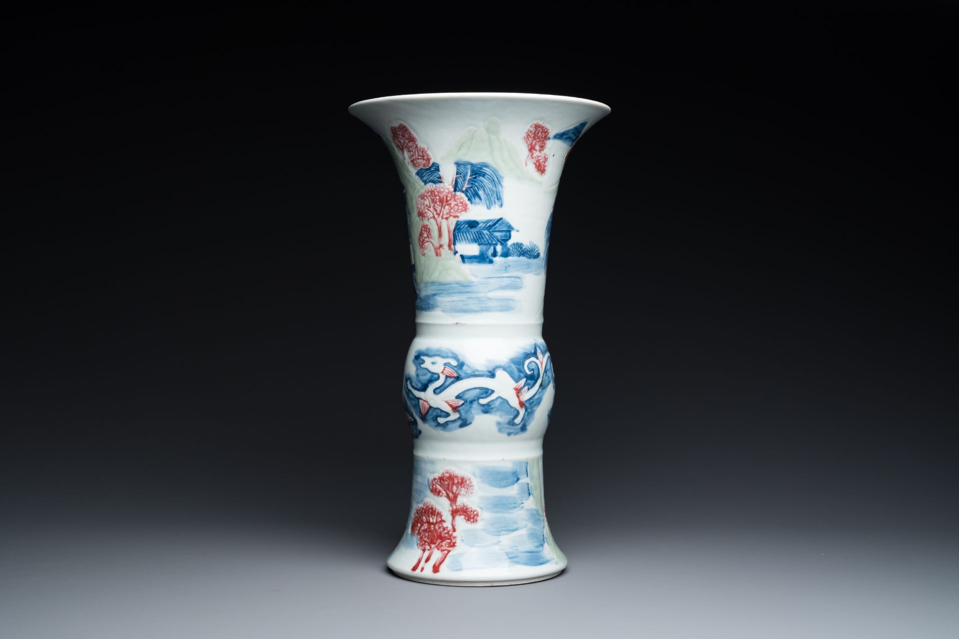 A Chinese blue, white, celadon and copper-red 'yenyen' vase, Kangxi mark, Qing - Image 3 of 6