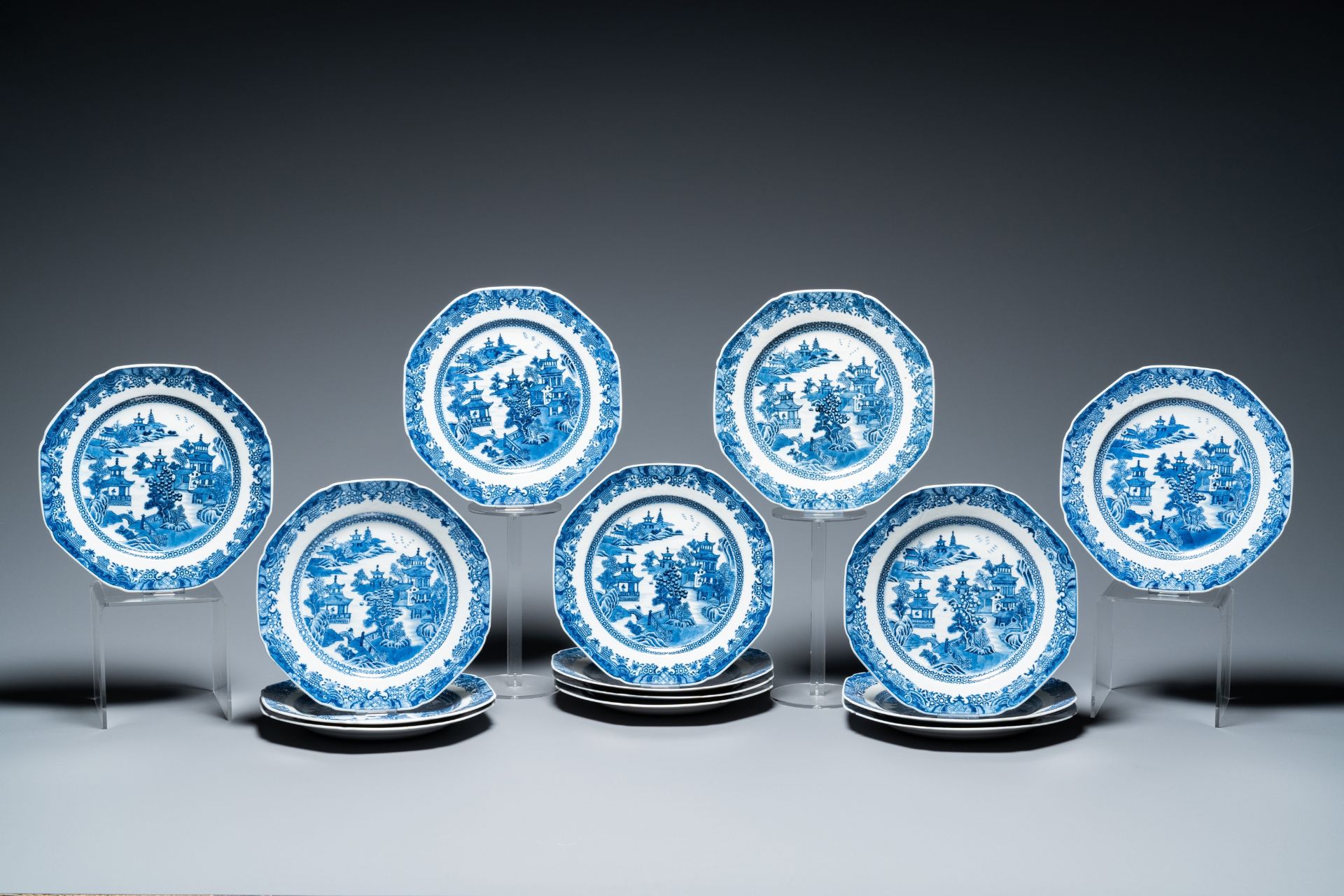 A Chinese blue and white 53-piece service, Qianlong - Image 11 of 19